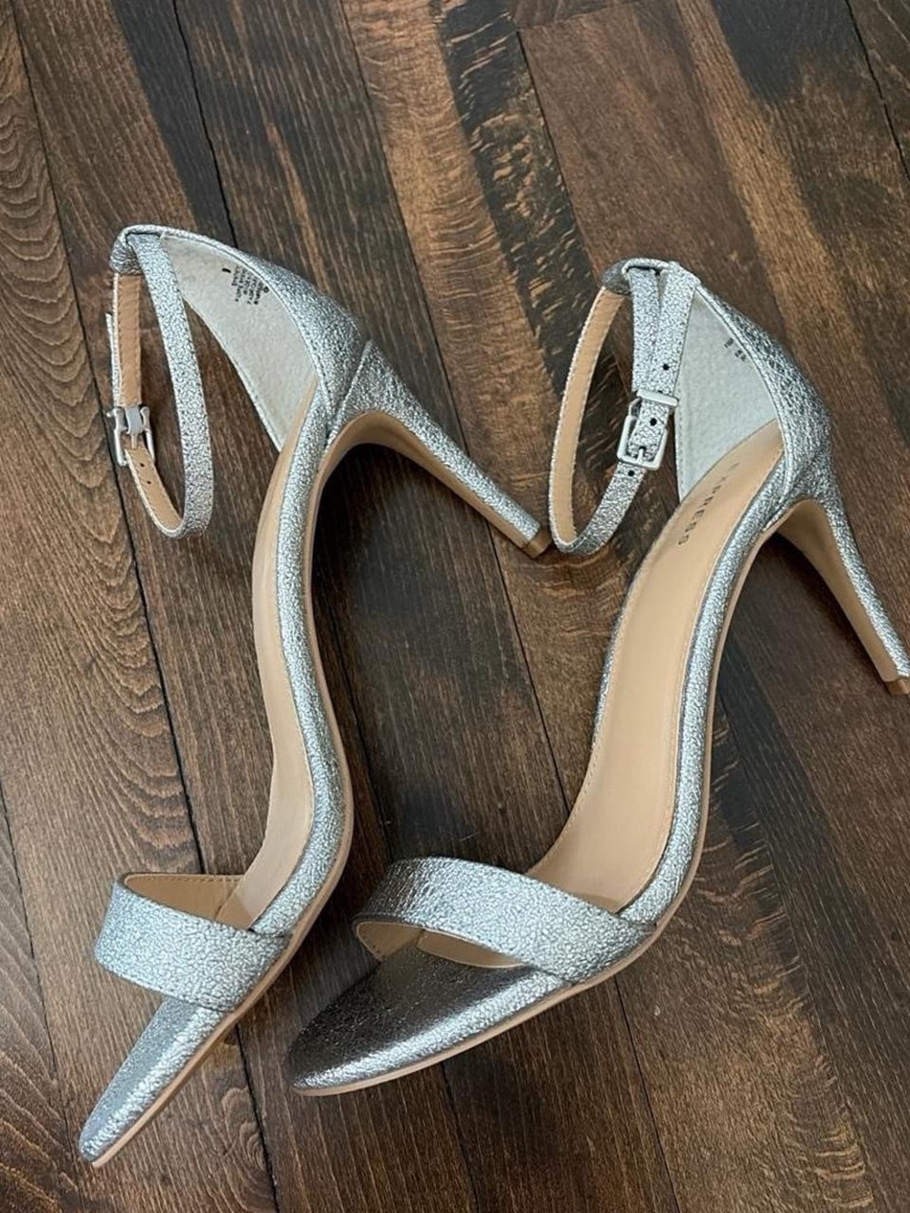 Express Silver Metallic Ankle Strap Heels